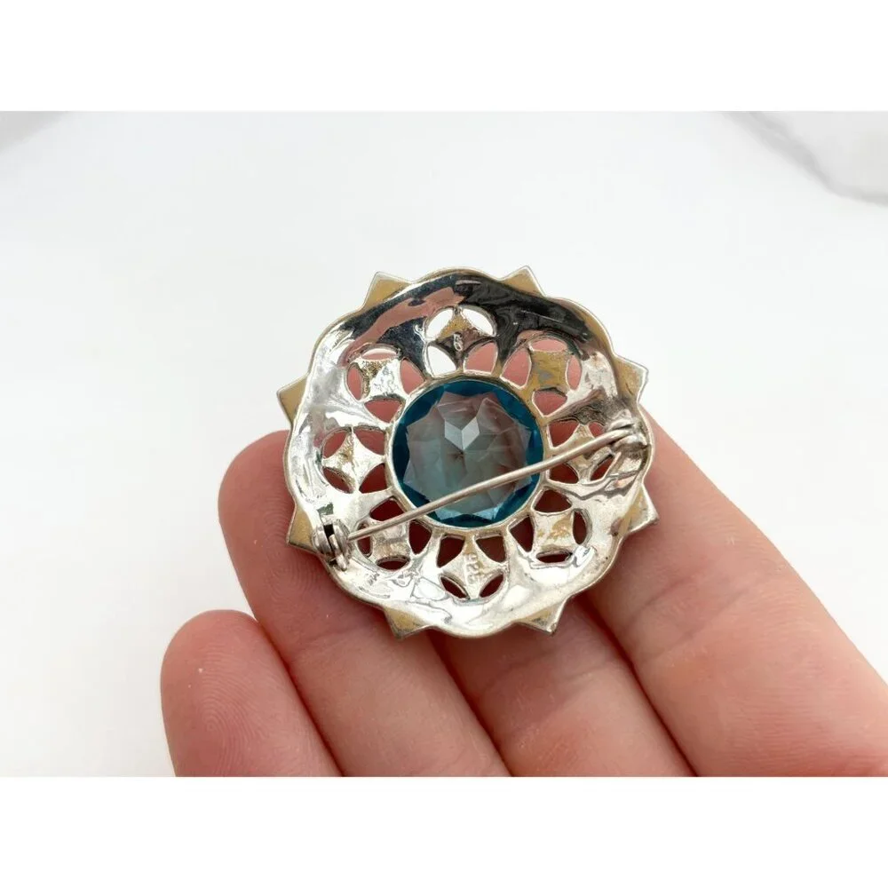 SOLD -Sterling Silver Vintage 925 Stamped Natural Marcasite & Acquamarine Brooch - Picture 4 of 9